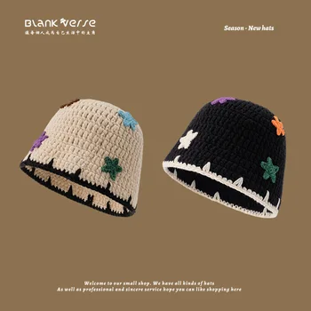 2023 Плетена на една кука шапка Сгъваема бродирана кофа шапка Същият стил на звездите Рибарски шапки Плетена шапка Корейски ежедневни дами Геометрични