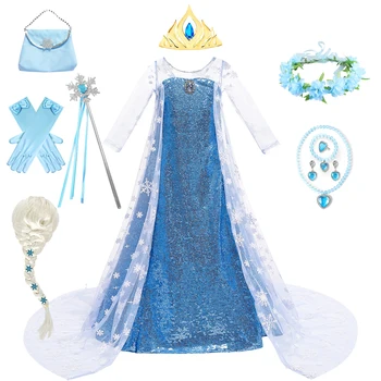 2023 Принцеса Елза костюм Хелоуин Коледа момичета малко дете принцеса рокля пайети рожден ден кралица дълги рокли за деца