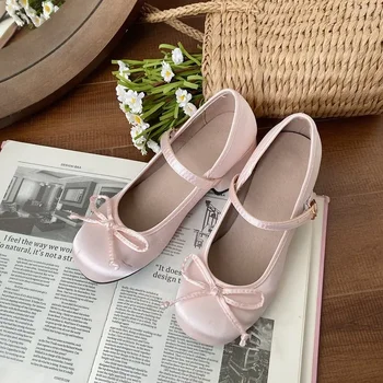 2023 Сладки момичета кръгли пръсти токчета Дамски помпи Косплей Лолита Случайни розови сладки ключалка пролетни обувки Жена Kawaii обувки