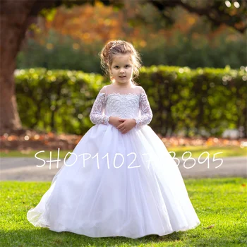 2023 Черно бяло дълги ръкави цвете момиче рокля за сватби тюл къдрава дантела детски конкурс бални рокли момичета рожден ден