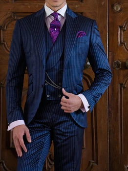 2023Royal Blue Stripe Модни мъжки костюми Сватбено парти Blazer комплекти Groomsmen носят ежедневни по поръчка смокинг 3-парче яке + панталони+