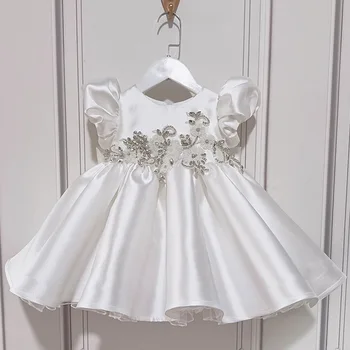 2024 Деца момичета принцеса бели бални рокли за официални партита Детска сатенена рокля с пайети за 1-ви рожден ден Детска кръщелна нотка