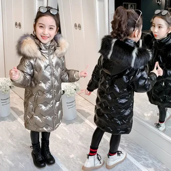 2024 Модни момичета дрехи палто сгъсти топло ярко зимно яке за изкуствена кожа с качулка парки Детски връхни дрехи Снежен костюм