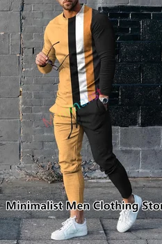2024 Мъжки анцуг есенен извънгабаритен комплект райе отпечатана тениска с дълъг ръкав + панталони Джогър спортно облекло Ежедневни костюми от 2 части