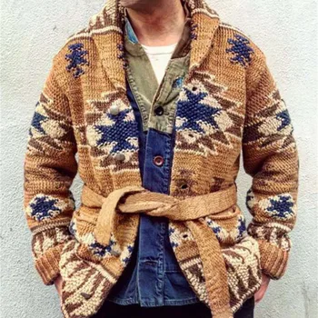 2024 Мъжки винтидж жакард пуловер случайни ревера дълъг ръкав дебела жилетка есен зима трикотажно палто с колан трикотаж