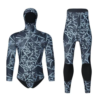 2024 Нов 3MM неопренов неопренов костюм Сплит плуване за възрастни камуфлаж дълъг ръкав топло гмуркане с качулка отгоре подводен ловен сърф костюм
