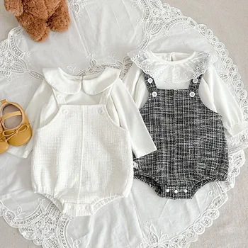 2024 Нова пролет новородено бебе момичета облекло комплект дълъг ръкав памук плътен цвят тениска гащеризон детски облекло костюм