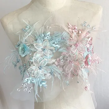 24*25CM 3D цветя бродерия шевни лепенки,пера кристал елече апликация кристал облекло кръпка DIY за сватбени рокли