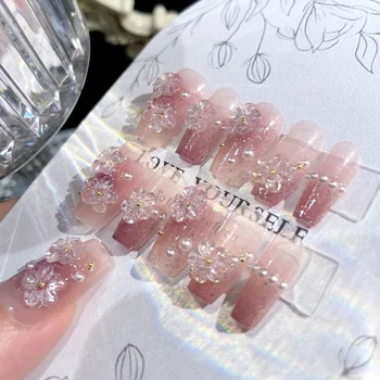 24pcs Y2k фалшиви нокти с преса за цветя върху ноктите 3D дизайн перлено розово за жени Професионален салон за маникюр DIY декорация