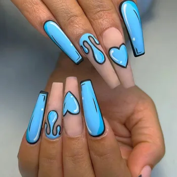3D фалшиви нокти комплект преса върху изкуствени ongles френски дълго y2k манга синьо сърце графити дизайни DIY маникюр доставя фалшиви нокти съвети