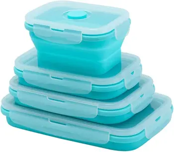4 бр. Силиконова кутия за обяд Bento Box Сгъваеми контейнери за съхранение на храни с капаци Силикон BPA безплатно за кухненски килер прибори за хранене
