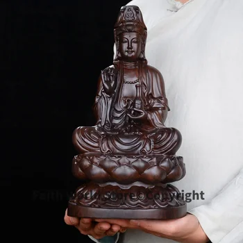40CM Голям ДОБЪР ДОМ Храм Духовна защита Благослови семейството # Ръчно изработена червена сандалово дърворезба Статуя на Буда на Lotus Guanyin