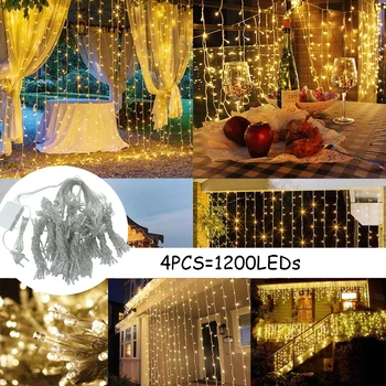 4PCS=1200LEDs 8 Функционален щепсел тип завеса низ светлина Коледа фея декорация светлина подходящ за сватба/семейство/спалня