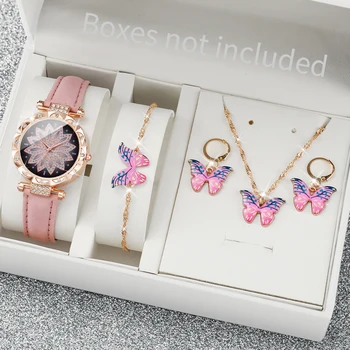 4PCS/Set Мода Кристал цвете жени часовници пеперуда бижута комплект женски кожени лента кварц китката часовник часовник (без кутия)