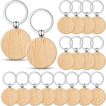 50 парчета празен дървен ключ етикет ключ гравиране заготовки недовършени дърво ключодържател ключодържател ключови маркери за DIY занаяти,кръг