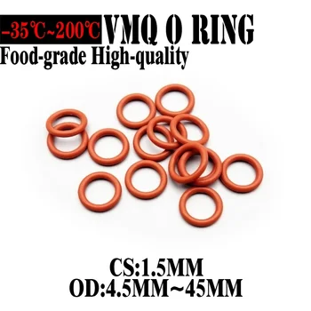50pcs червен VMQ силиконов O пръстен CS 1.5mm OD 4.5mm ~ 45mm FoodGrade водоустойчива шайба гумена изолирана O форма уплътнение уплътнение