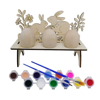 5бр Дървени великденски яйца+12 цвята +2 четки за рисуване DIY графити яйчен комплект за детска играчка за рисуване Декорация на дома