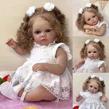 60cm Tutti Reborn Toddle Princess Baby с кафява къдрава коса Реалистична 3D кожа с вени Мека Vinly Reborn бебешка играчка за момиче
