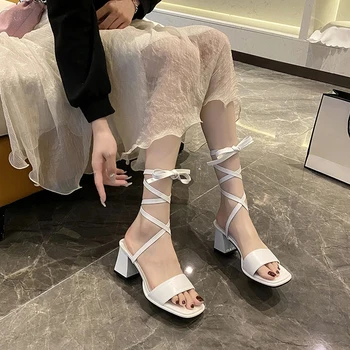 6CM Дамски елегантни високи токчета обувки кръст каишка сандал лято отворени пръсти жени сандали мода сватбено парти глезена дантела нагоре сандал