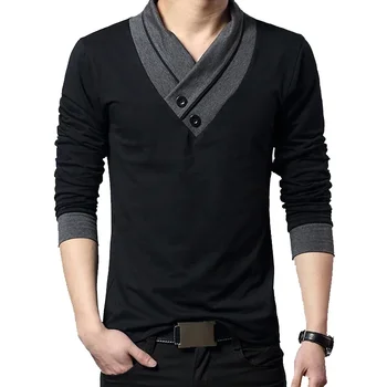 A3237 Модна марка тенденция тънък годни дълъг ръкав T риза мъже пачуърк яка Tee v-образно деколте мъже тениска памук T ризи