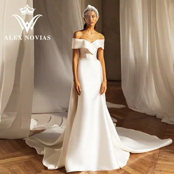 ALEX NOVIAS русалка сатенена сватбена рокля 2023 с лък нов дизайн лодка врата подвижна влак булка рокля vestidos novias de saten