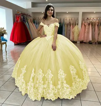 ANGELSBRIDEP Розови жълти Quinceanera рокли за сладки 15 16 Парти абитуриентски бални рокли дантела апликирани от рамото по поръчка