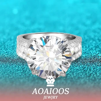 AOAIOS 10CT D Цветен сертифициран Moissanite пръстен за жени 14mm камък пенлива лаборатория диамант стерлинги сребро S925 сватбена лента GRA