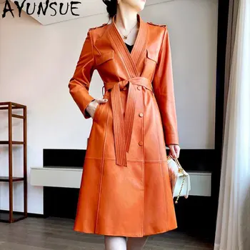 AYUNSUE Истинско кожено яке Дамско палто от естествена овча кожа 2023 Корейски V-образно деколте Елегантни кожени якета за жени Завързване Windbreaker