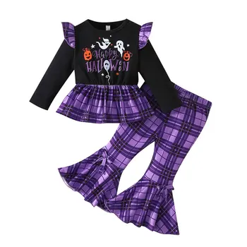 Baby 9M-4Y Baby Toddler Girls Halloween Ghost Pumpkin Outfit Flutter Sleeve Plaid Ruffle Peplum Shirt Bell Bottom Flare Pants