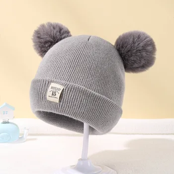 Baby Beanie Зимни есенни плетени топли шапки за бебета Малко дете сладък двоен Pompom капачка твърди момчета момичета защита на ушите шапка капак