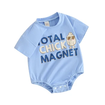 Baby Boys Summer Jumpsuit Casual Easter Letters Print Short Sleeve Romper for Newborn Infant Cute Clothes