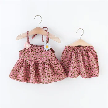 Baby Girl 2-парче лято малко дете сладък цвете каишка рокля отгоре + шорти сладък и готин почивка плаж комплект
