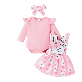 Baby Girl летни дрехи Ruffle ръкав гащеризон отгоре зайче печат Suspender пола комплект новородено Великден облекло