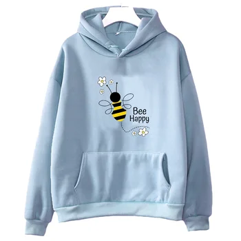 Bee Happy Creative Graphic Hoodie Женски/мъжки Сладък печат дрехи марка случайни суитчър есен дълъг ръкав върховете хлабав пуловери