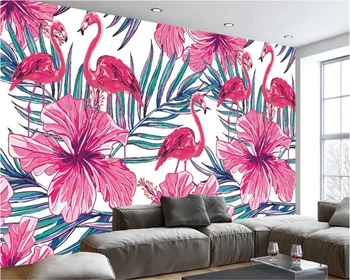 beibehang Модерен минималистичен скандинавски ръчно рисувани фламинго палмови листа стенопис фон копринен плат papel de parede 3d тапет