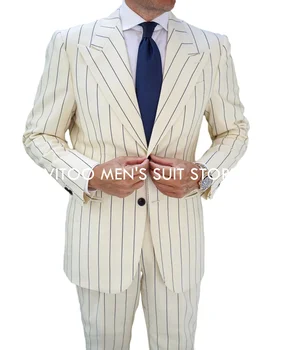 Blue слонова кост раирани мъже костюми еднореден официален бизнес офис износване/тънък по поръчка голям размер/ежедневно мъжко яке с панталон