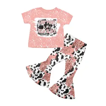 Boutique Outfit Western Singer Short Sleeve Cows Leopard Bell Bottom Pants Baby Girl Clothes Sets