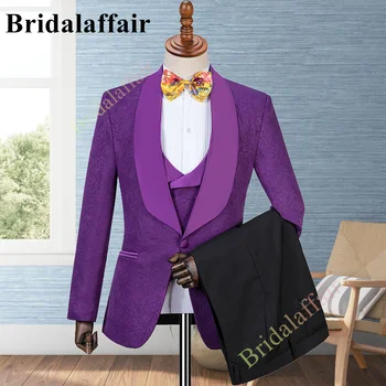 Bridalaffair мъжки лилави костюми флорални печатни жакард сватба смокинг костюм за мъже 3бр нетактичност яке панталони жилетка костюм Homme