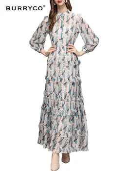 BURRYCO 2023 Есен Дамски нов фееричен стил отпечатани Ruffle Edge панел свежа и елегантна рокля