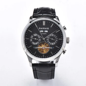 Casual Parnis 43mm Черен циферблат Автоматичен механичен мъжки часовници Кожена каишка Календар Мъже Водоустойчив часовник reloj hombre 2023
