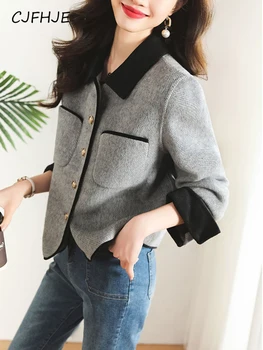 CJFHJE елегантен офис дама сив туид яке корейски модни бутони случайни палто есен дълъг ръкав завой надолу яка прости връхни дрехи