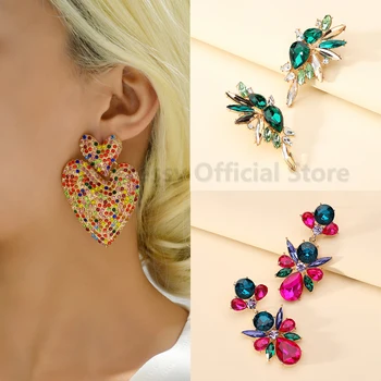 Colorful Series Геометрични лъскави кристални висулки пискюл обеци за жени мода лукс преувеличени бижута аксесоари Brincos
