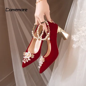 Comemore червен висок ток китайски стил булчински сватбени обувки жени 2024 Beaded дамски обувки заострени пръсти помпи мода помпа токчета 34