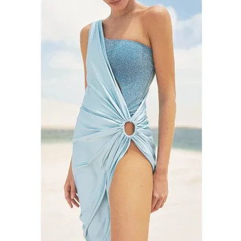 CPUTAN 2023 Секси 3D цвете бикини комплект бански костюми перла презрамка силует лъскав текстура едно парче бански пола плажна рокля