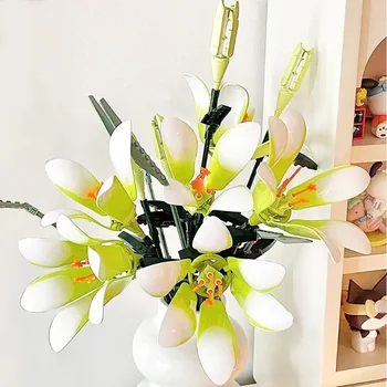 Creative Fomantic Lily Simulation Bouquet Building Block,Green Plant Flower 3D Model Brick, Never Fade Flowers Diamond Brick Toy
