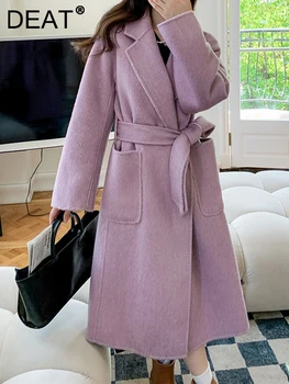 DEAT Fashion Дамски вълнен палто колан талия ревера дълги ръкави свободни джобове плътен цвят палта дама зима 2024 нов прилив 7AB1137