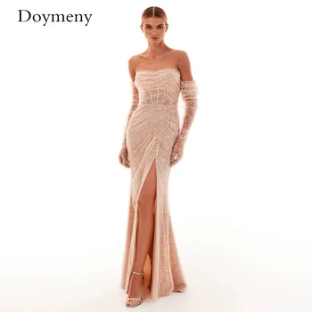 Doymeny 2023 Ефектна рокля с пайети Макси в златна вечерна рокля русалка без презрамки Remobable дълъг ръкав високо сплит цип