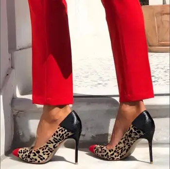 Drop Shipping Fashion Woman Red Leopard Black Patchwork Pointed Toe Slip On Party High Heel Dress Pumps Shoes Big Size 47