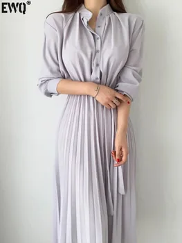 [EWQ] Корея шик ревера еднореден сгънат дизайн риза рокля случайни хлабав дълъг ръкав нагънат вестидо женски есен зима