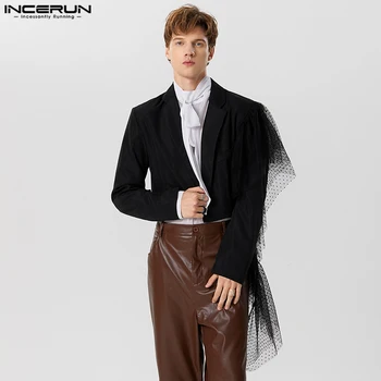 Fashion Casual Style Tops INCERUN Нови мъже изрязани панел дантела полка точка блейзър мъжки клубно облекло дълъг ръкав костюм якета S-5XL 2023